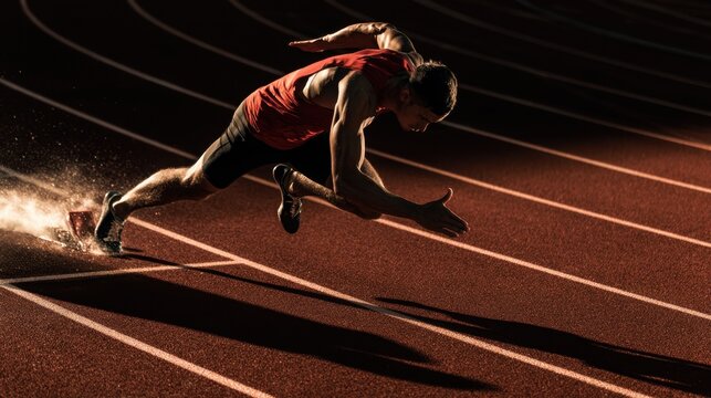 Male athlete sprinting on professional outdoor running track at start position with intense focus and dynamic motion during competitive race or training session