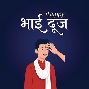 Happy bhai dooj greeting card design with a sister applying tilak on brother