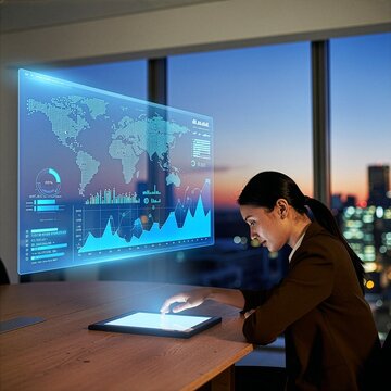 Asian businesswoman analyzing 3D holographic AI predictive data in a modern high-rise office at dusk
