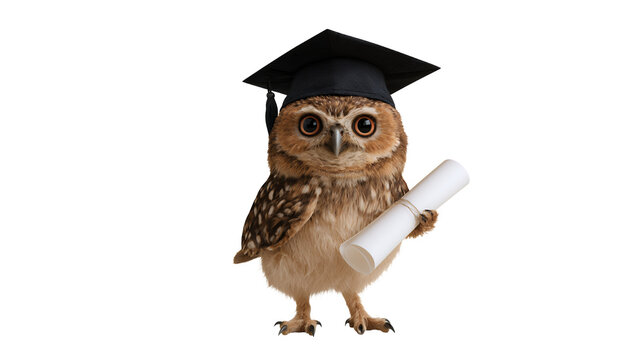 Cute owl wearing graduation cap holding diploma isolated on white background
