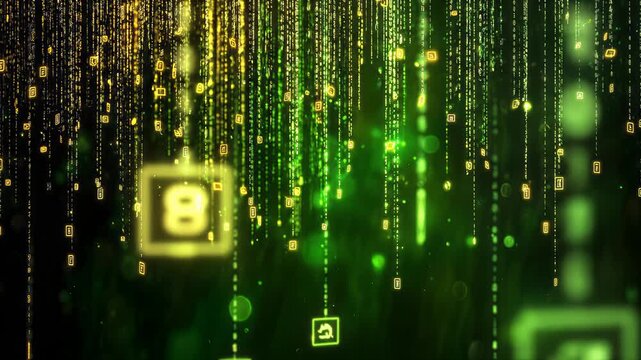 Digital rain of green and gold binary code falling vertically with floating cryptocurrency icons. Abstract data stream background. Concept of blockchain, fintech, cyber security, digital currency.