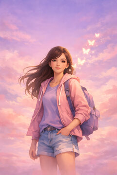 young girl in a hoodie with backpack