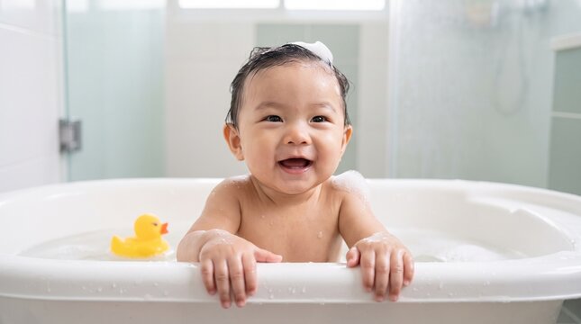 Childcare: Happy Asian baby smiles in bathtub with rubber duck during gentle bath time routine