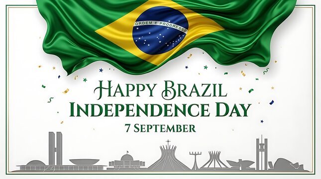 Happy brazil independence day greeting card with waving flag and brasilia city skyline silhouette isolated on white background