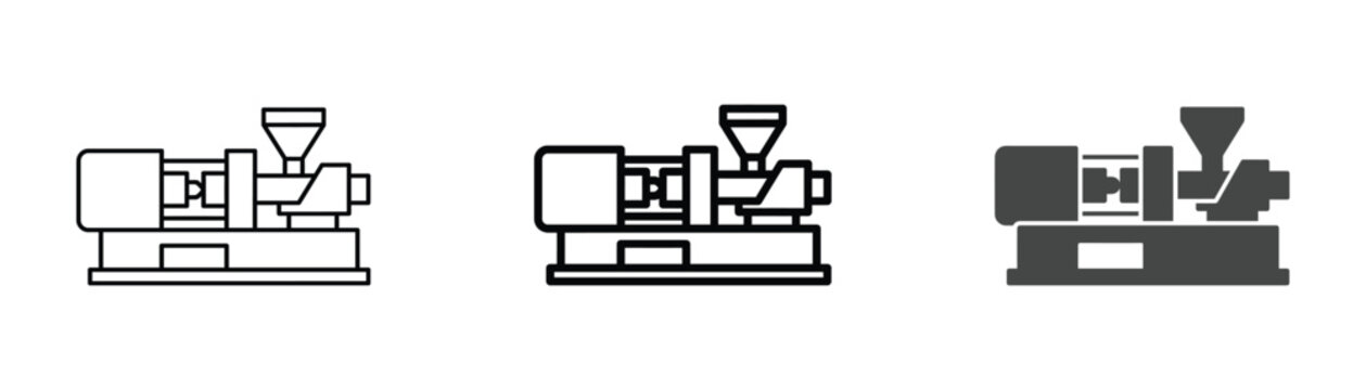 Flat vector illustration of an industrial injection molding machine used for plastic manufacturing, polymer processing, and automated factory production line designs.