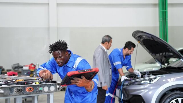 Expert mechanic using high tech diagnostic equipment to troubleshoot vehicle problems in a modern auto repair facility