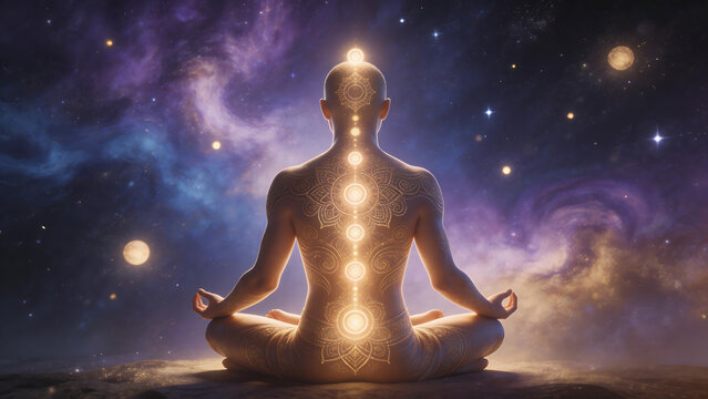Person meditating with glowing energy points