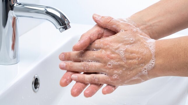 Public health: Person lathers hands with soap at bathroom sink to prevent germs and infection