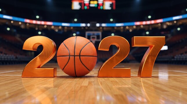3D golden basketball and 2027 on a polished basketball court with stadium lights