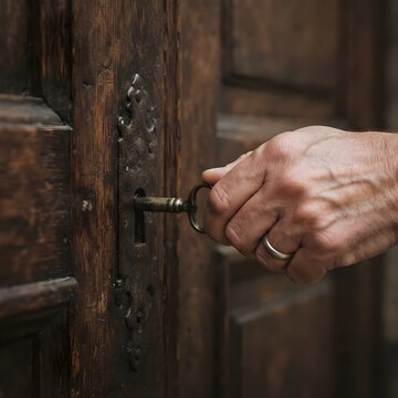 빈티지한 나이든 나무 문을 열쇠로 열고 있는 노인의 손길An elderly person's hand opening an old wooden door with a key