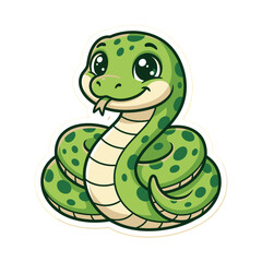 Fototapeta premium Friendly green cartoon snake sticker on white background.