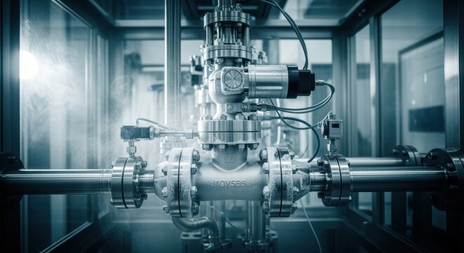 Cryogenic valve connected to stainless steel piping in a controlled test chamber for evaluating cyclical endurance under spaceflight temperatures.