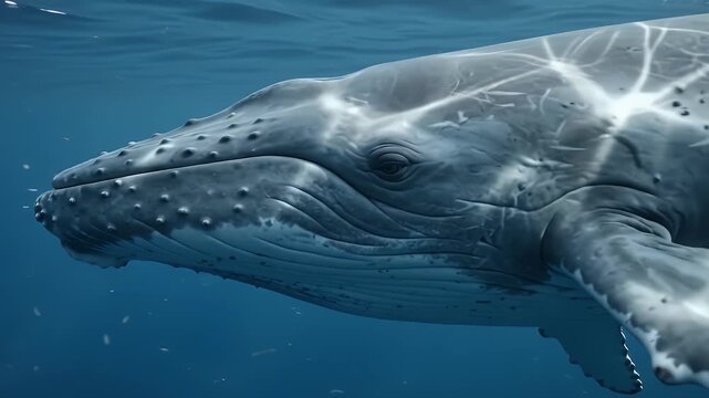 Majestic humpback whale gracefully swims in deep blue ocean water, sunlight beams piercing the surface creating a serene underwater scene