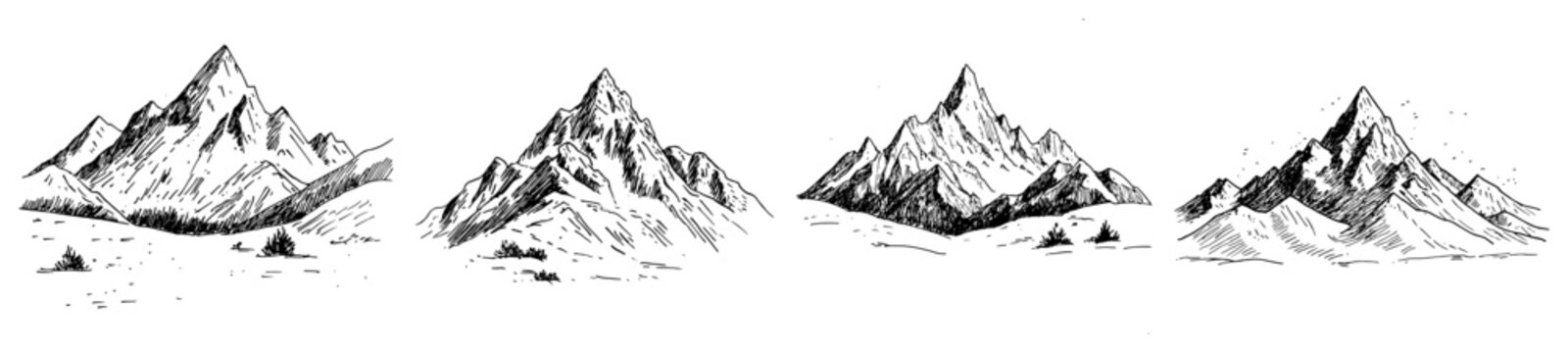 Sharp mountain peaks and alpine range landscape in vintage line art style