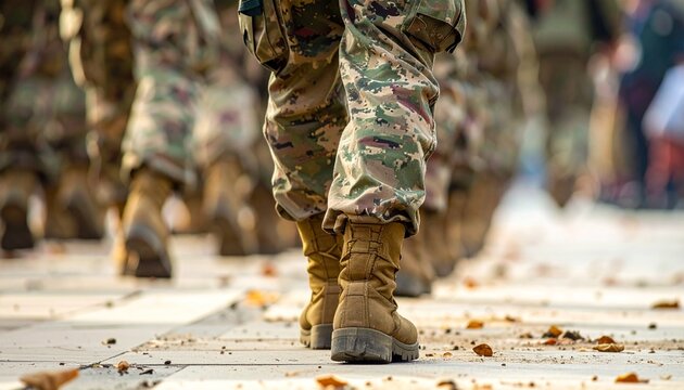Soldiers in Camouflage Uniforms Marching Forward on Paved Ground.
