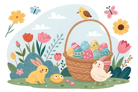 Cute Easter basket with colorful eggs and bunnies in a garden