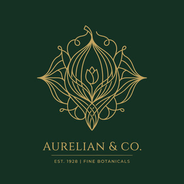Gold line art botanical logo on dark green background.