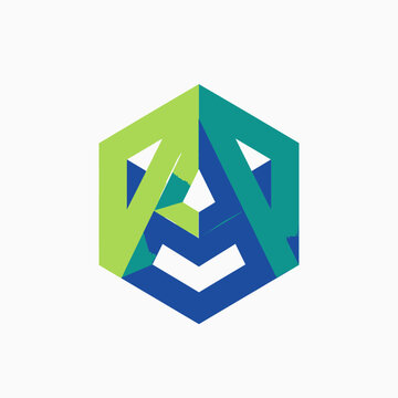 Green and blue geometric hexagonal A letter logo.