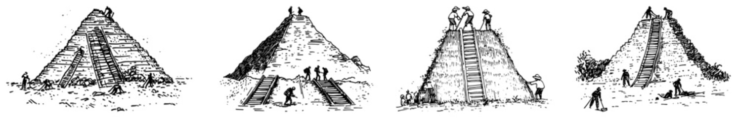 Ancient workers building giant pyramids with ladders and ramps in vintage engraving style © Kaz