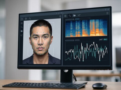 Facial recognition and voice analysis software displaying biometric grid mapping and audio spectrogram on a computer monitor in an office setting