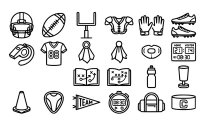 Fototapeta premium American Football Equipment Vector Icon Set with Helmet Ball Goalpost Gloves and Protective Gear Collection