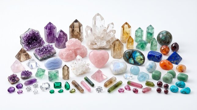 A vibrant collection of diverse natural gemstones and crystals in various shapes and colors, meticulously arranged on a clean white background.