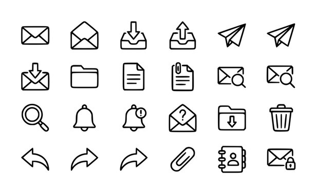 Mail Communication Line Icon Set with Email Folder Document Search Sent Received and Office Symbols