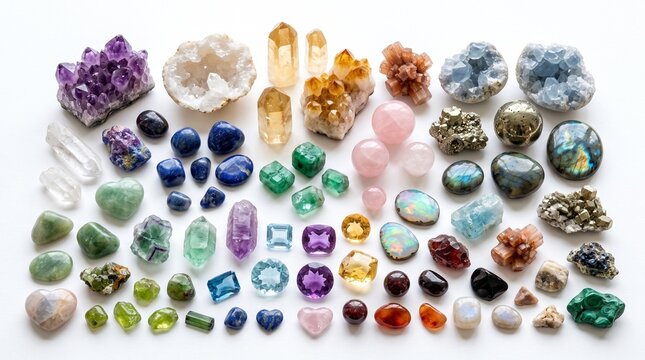 A vibrant and diverse collection of natural crystals and polished gemstones, meticulously arranged by color.