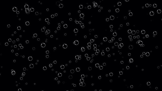 Water bubbles moving from bottom to top. Rising bubbles under transparent water. Rising air bubbles on black background. Gas bubbles floating of champagne. Soap bubbles fly up overlay in close up.