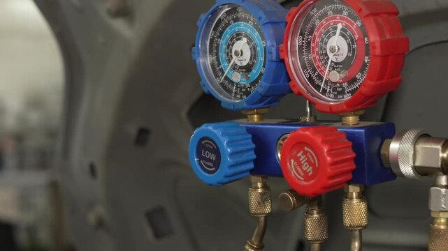 A technician adjusts a blue valve on an AC manifold gauge.