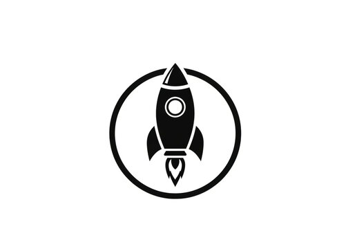 Black rocket ship icon inside a circle