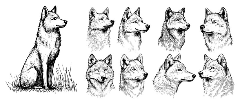 Wolf head portraits and sitting timber wolf sketch in detailed line art style