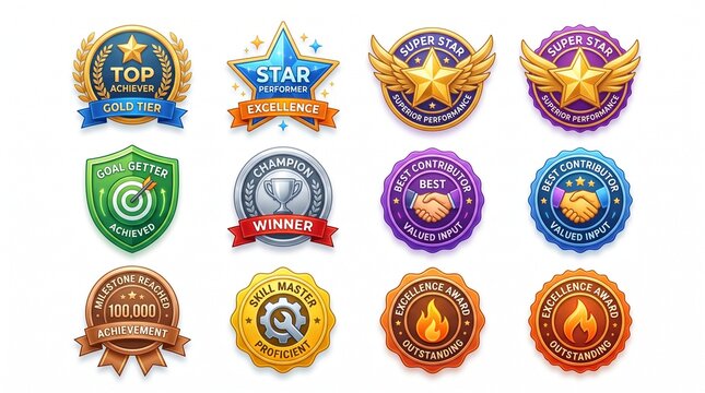 Set of twelve vibrant 3D achievement and award badges featuring metallic textures, stars, laurels, ribbons, and various symbols on a white background.