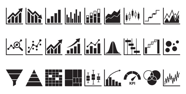 Collection of black and white data visualization icons for business analytics on transparent background