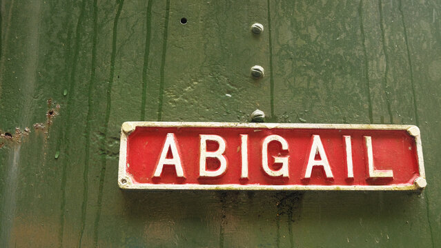 Red sign with white lettering spells "ABIGAIL" against green weathered metal