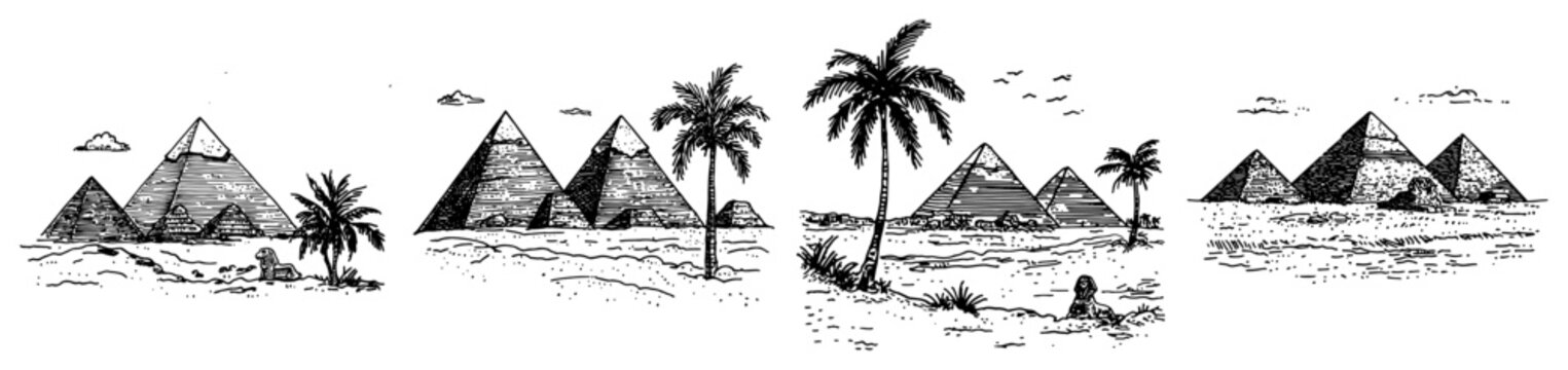 Great Pyramids of Giza and Sphinx in desert landscape in vintage engraving style