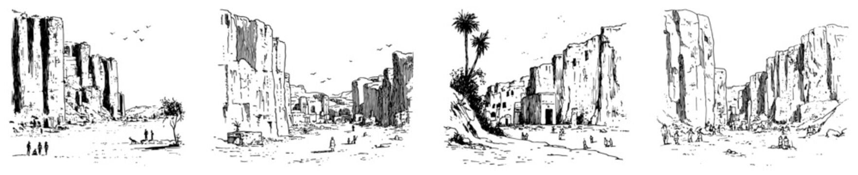 Rocky canyon landscape with towering stone cliffs and mountain passes in detailed etching style