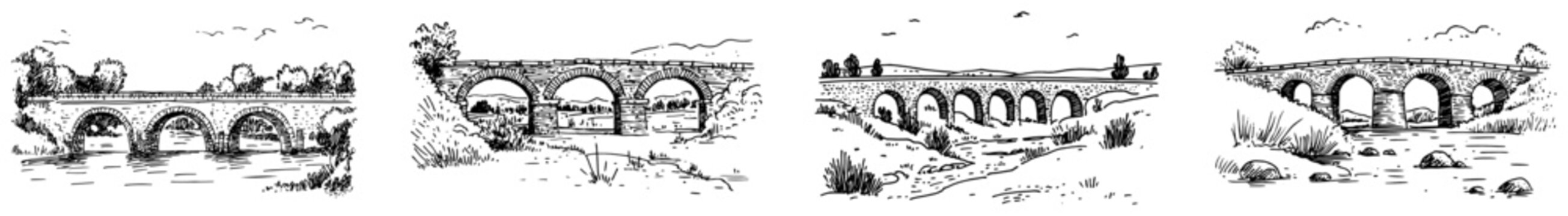 Stone arched bridges crossing rivers in scenic rural landscapes in detailed line art style