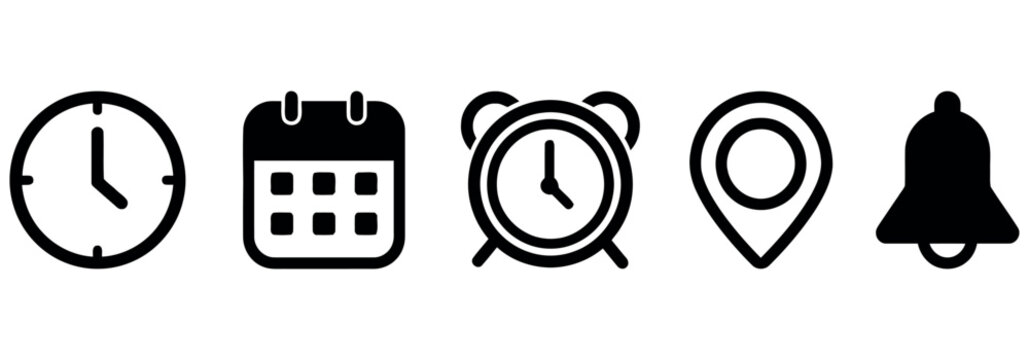 Set of five essential black web interface icons featuring clock calendar alarm pin and bell.