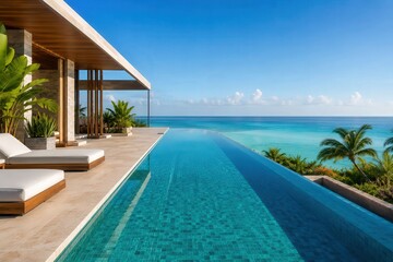 Fototapeta premium Modern Luxury Ocean View Villa with Infinity Pool, Tropical Coastal Architecture and Crystal Clear Sea for Exclusive Vacation Lifestyle