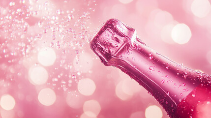 Obraz premium Pink Champagne Bottle with Bubbles on Sparkling Background