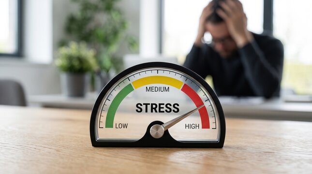 A gauge displaying stress levels in three intensities: low, medium, and high.