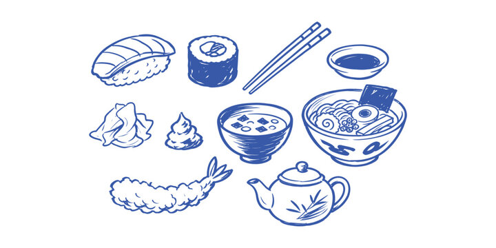 Traditional Japanese food, sushi, and ramen cuisine doodle element collection set, Vector Illustration