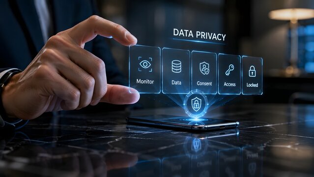 Businessman interacting with digital interface focused on data privacy protection