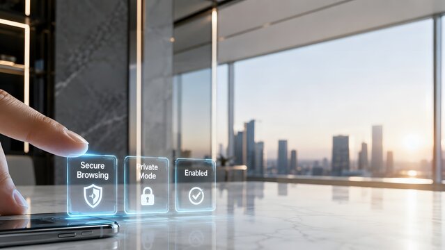 Business professional using digital interface for data privacy protection