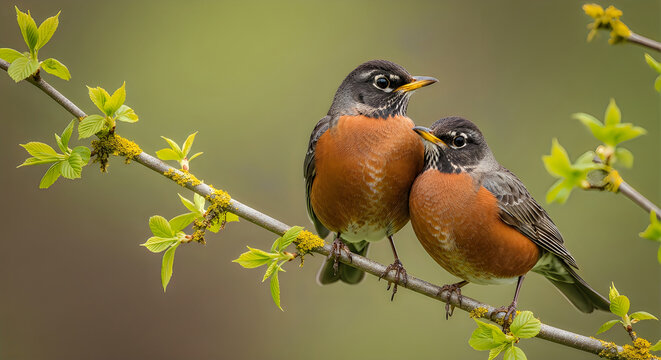 Robin bird feeding its chick on a branch
