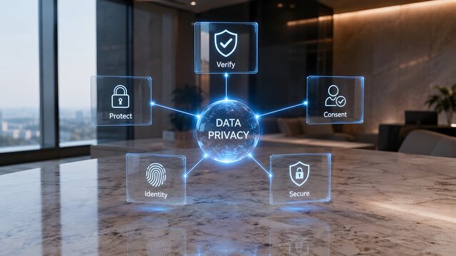Digital interface showing modern corporate data privacy and security solutions