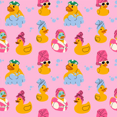Fototapeta premium Cute Bath Ducks with Towels Robes and Bubbles