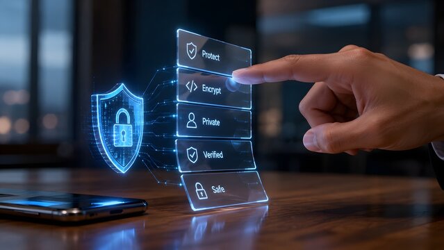 Person using futuristic interface for enhanced digital data privacy protection