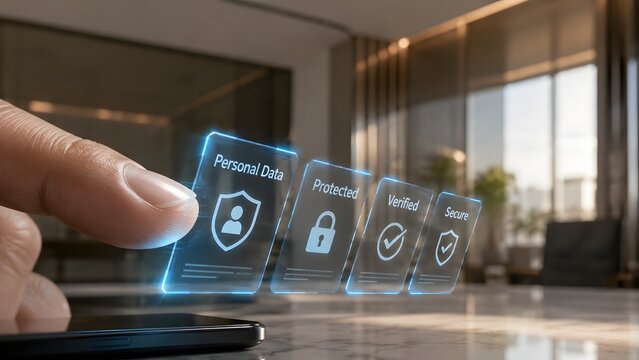 Digital finger touching interface icons representing data privacy protection